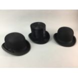 A BLACK SILK TOP HAT BY G.A.DUNN & CO AND TWO BOWLER HATS