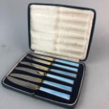 A SET OF SIX AFTERNOON TEA KNIVES IN FITTED CASE