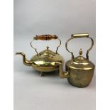 A VICTORIAN BRASS TODDY KETTLE, BRASS CANDLESTICKS, ANOTHER KETTLE AND A MODEL RACING CAR