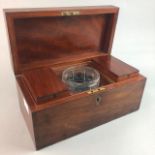 A MAHOGANY CASED TEA CADDY AND A TWO BOTTLE TANTALUS