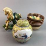 A CHINESE GINGER JAR, FOUR BOWLS AND A MINIATURE CERAMIC HORSE