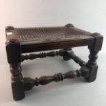 A MAHOGANY PIANO STOOL AND A MINIATURE FOOTSTOOL