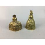 TWO BRASS BELLS AND FOUR FIGURES OF HERONS
