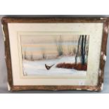 A SIGNED WATERCOLOUR OF A PHEASANT IN SNOW