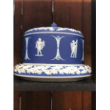 A WEDGWOOD CHEESE DISH, BISCUIT BARREL AND SALAD BOWL AND SERVERS