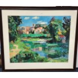A LARGE GICLEE PRINT DEPICITING A VILLAGE BY THE LAKE