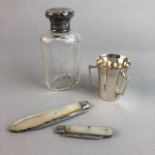 A SILVER TOPPED BOTTLE, MAPPIN & WEBB CUP AND TWO SILVER KNIVES