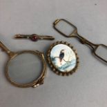 EARLY 20TH CENTURY LORGNETTE, THREE BROOCHES AND A PAIR OF GLASSES