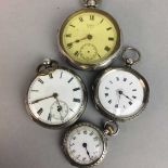 A SILVER CASED KEYWIND POCKET WATCH and THREE OTHERS