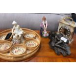 A SMALL ONYX CASED MANTEL CLOCK AND OTHER ITEMS