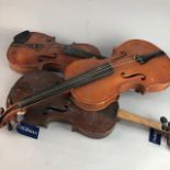 THREE VINTAGE VIOLINS AND TWO BOWS