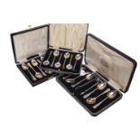 THREE CASED SETS OF SILVER SPOONS INCLUDING ENAMELLED COFFEE SPOONS