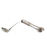 A PAIR OF GEORGIAN SILVER SUGAR TONGS AND A GEORGIAN SCOTTISH SILVER SAUCE LADLE