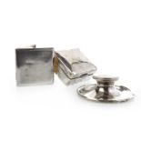 AN EDWARD VIII SILVER CIGARETTE BOX, SILVER CIGARETTE CASE AND SILVER CAPSTAN INKSTAND