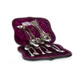 A SET OF SILVER SPOONS ALONG WITH TEASPOONS AND TONGS