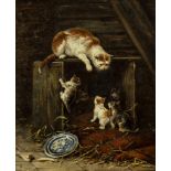 MOTHER CAT AND KITTENS, AN OIL