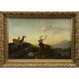 A STAG AND HINDS ON A RIDGE, AN OIL BY ROBERT CLEMINSON