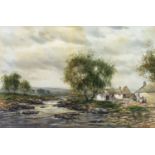 COTTAGES BY A RIVER, A WATERCOLOUR BY JOHN HAMILTON GLASS