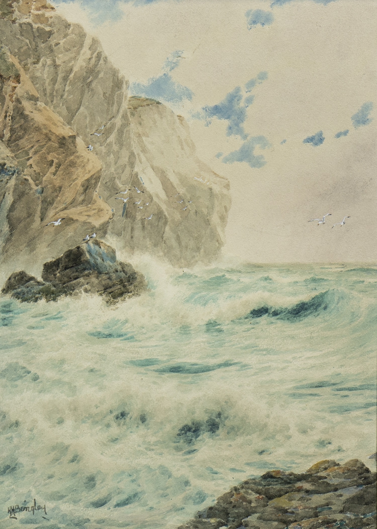 ROCKY COASTAL SCENE, A WATERCOLOUR BY H H BINGLEY