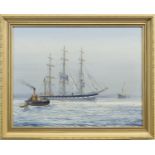 BOATS IN CALM WATERS, AN OIL BY JAMES BURNIE