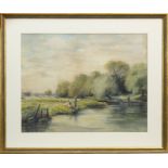 FISHING BY THE STREAM, A WATERCOLOUR BY C R SELLAR