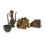A CHINESE SOAPSTONE LION, CLOISONNE BOWL, BOX AND A TEAPOT