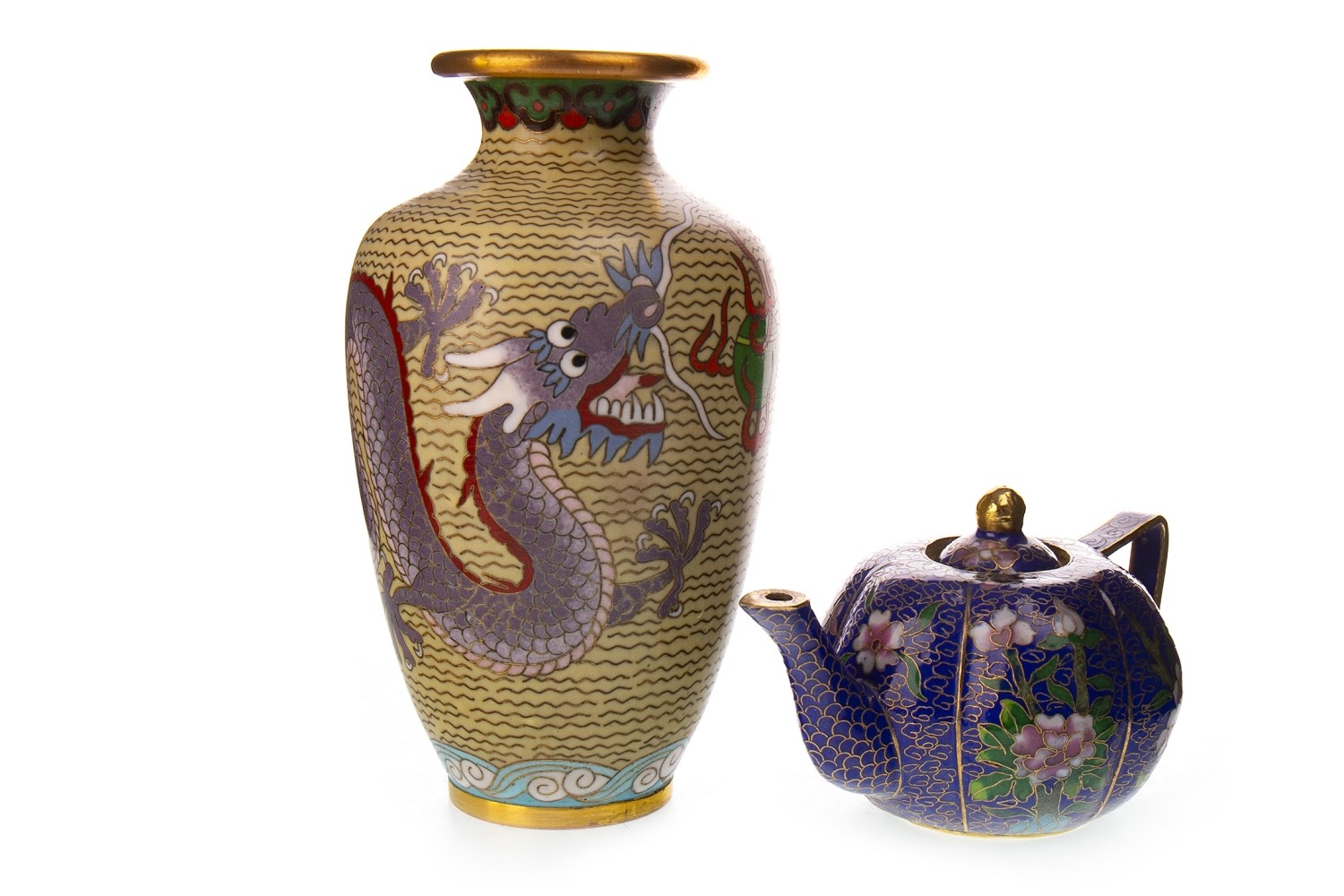 A CHINESE CLOISONNE VASE AND A TEA POT