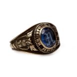 A BLUE GEM SET COLLEGE RING