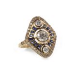 AN ART DECO STYLE SAPPHIRE AND DIAMOND RING