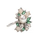 AN IMPRESSIVE PEARL, OPAL, DIAMOND AND GREEN GEM SET RING