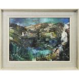 HIGHLANDS LANDSCAPE WITH LOCH AND COTTAGE, AN OIL BY HAMISH LAWRIE