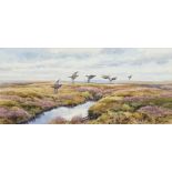 PHEASANTS IN FLIGHT, A WATERCOLOUR BY BRIAN RAWLING