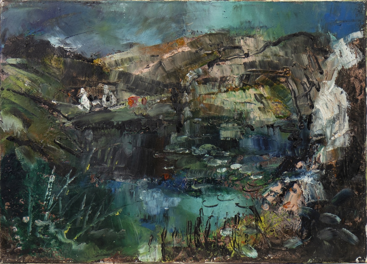 HIGHLANDS LANDSCAPE WITH LOCH AND COTTAGE, AN OIL BY HAMISH LAWRIE - Image 2 of 2