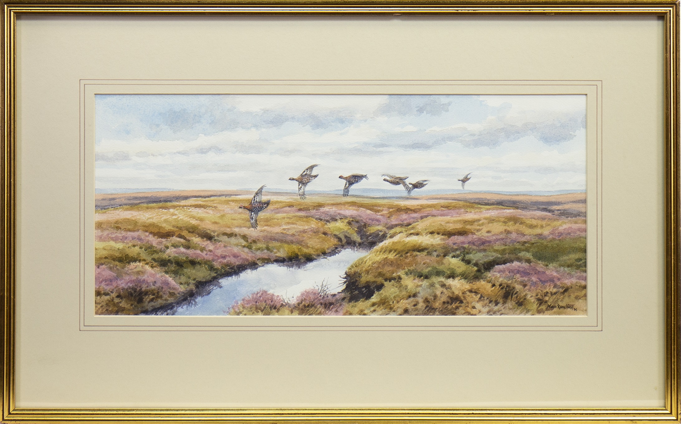 PHEASANTS IN FLIGHT, A WATERCOLOUR BY BRIAN RAWLING - Image 2 of 2
