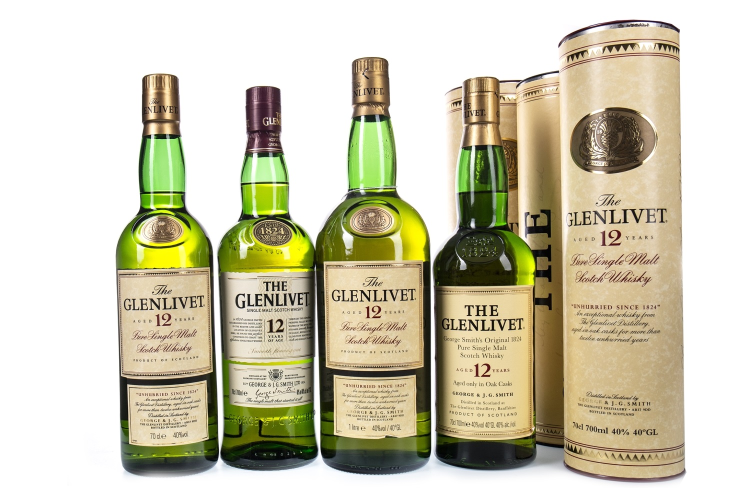 ONE LITRE AND THREE BOTTLES OF GLENLIVET AGED 12 YEARS