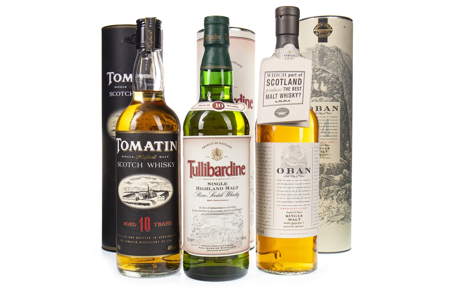 TOMATIN AGED 10 YEARS, TULLIBARDINE AGED 10 YEARS AND OBAN AGED 14 YEARS