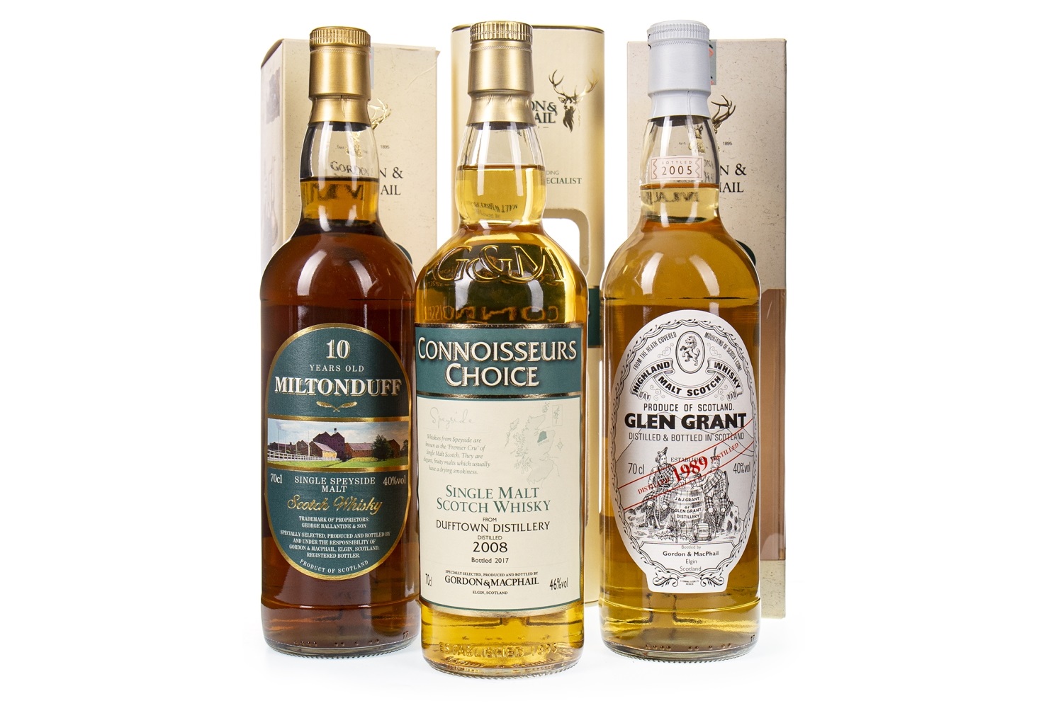 GLEN GRANT 1989, DUFFTOWN 2008 CONNOISSEURS CHOICE AND MILTONDUFF 10 YEARS OLD