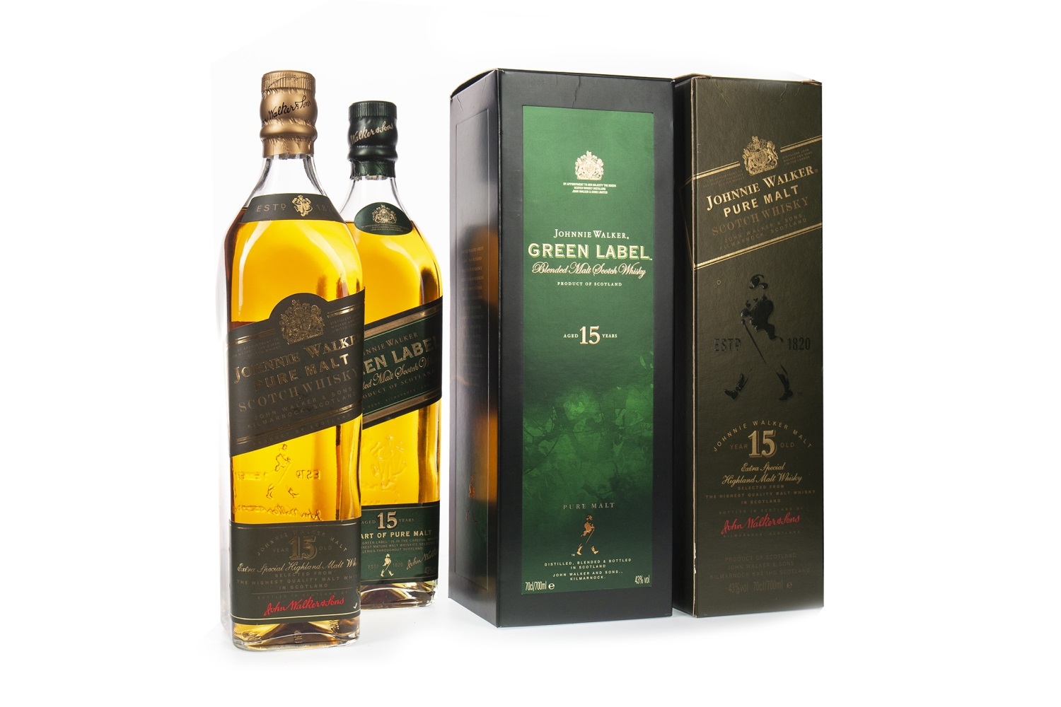 TWO BOTTLES OF JOHNNIE WALKER GREEN LABEL AGED 15 YEARS