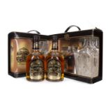 TWO BOTTLES OF CHIVAS REGAL AGED 12 YEARS WITH CRYSTAL DECANTERS