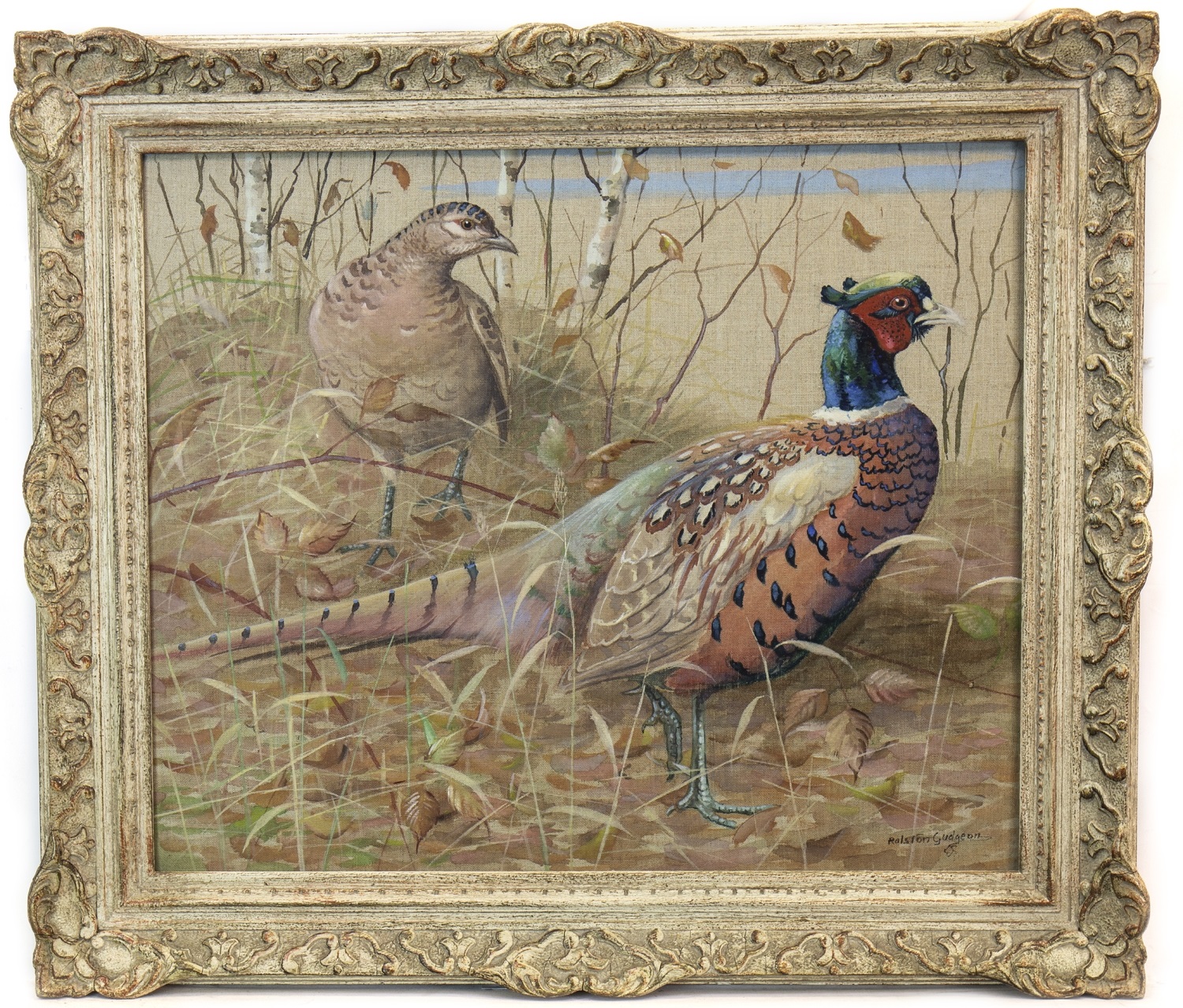 PHEASANTS, A GOUACHE ON LINEN BY RALSTON GUDGEON