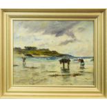 BEACH SCENE WITH FIGURES AND A DONKEY, AN OIL BY JAMES DOCHARTY