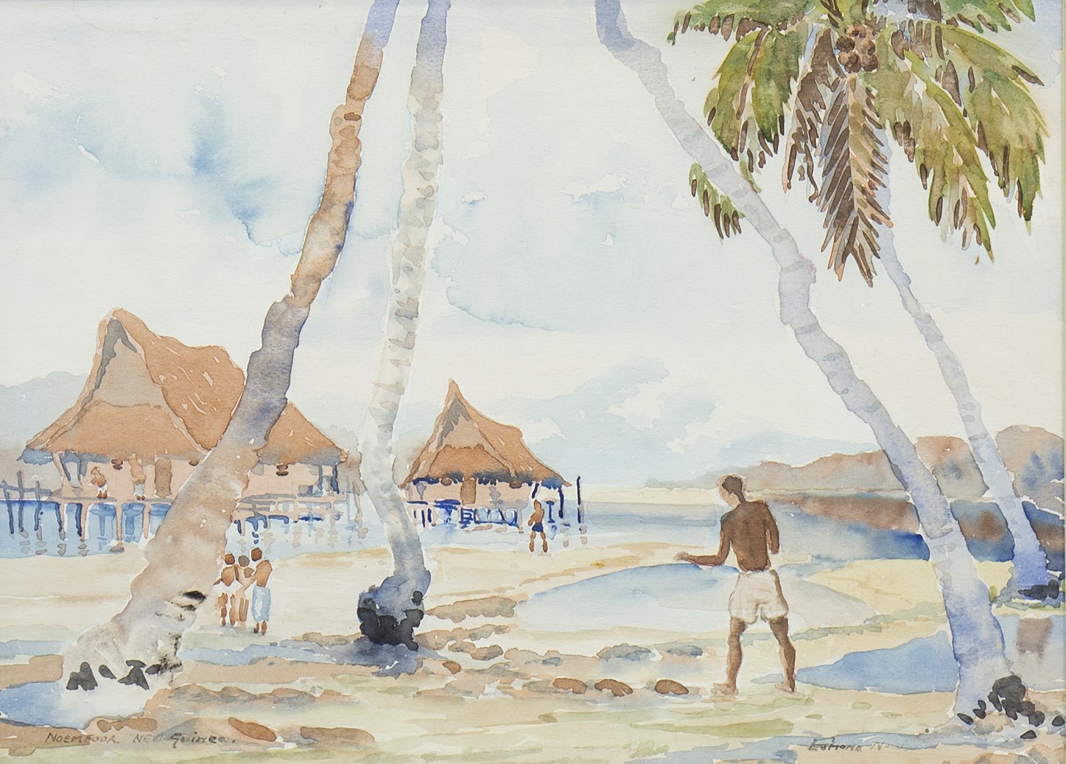 VILLAGE SCENE ON THE NEW GUINEA ISLAND OF NOEMFOOR, A WATERCOLOUR BY DIANA ESMOND