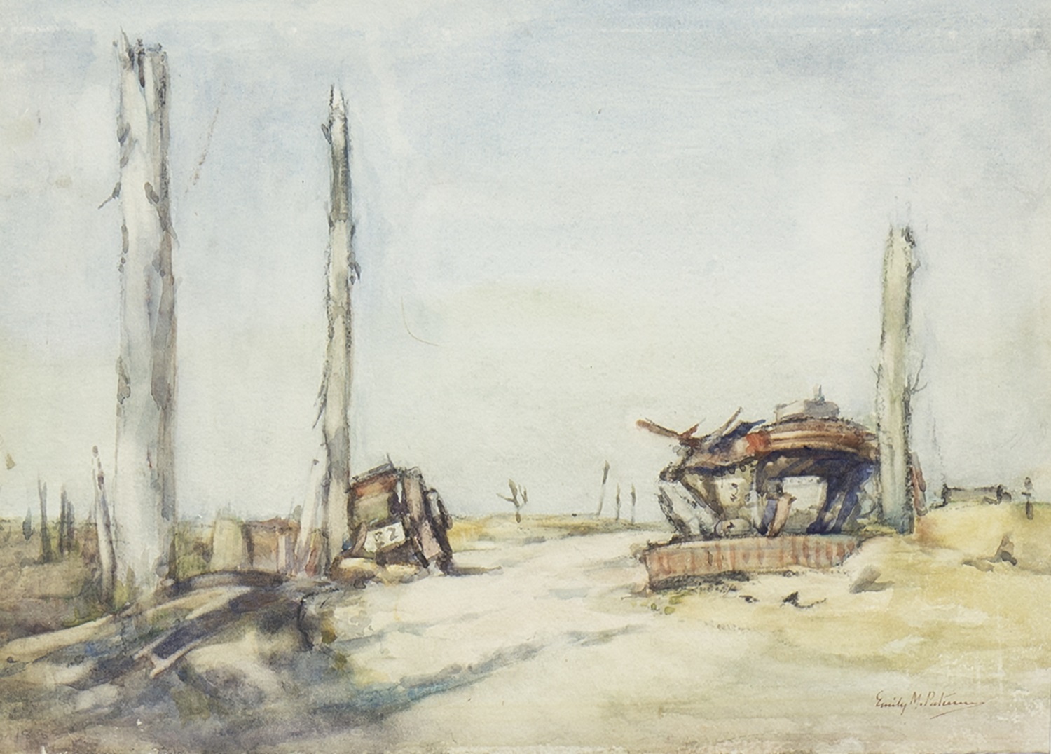 THE DERELICTS AT POELCAPPELLE, A WATERCOLOUR BY EMILY MURRAY PATERSON