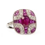 ART DECO STYLE RUBY AND DIAMOND RING,