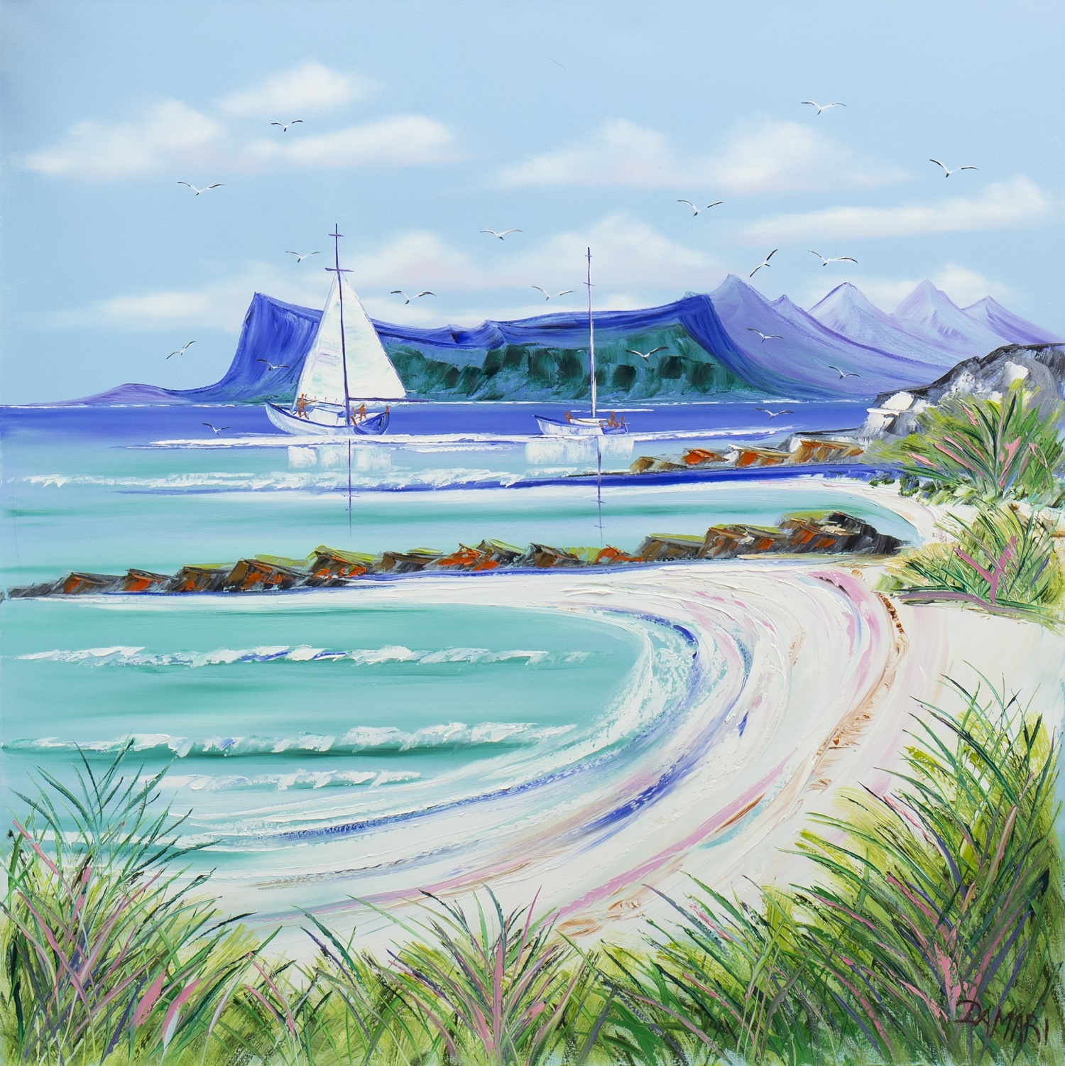 SILVER SAILS FROM ARISAIG, AN OIL BY JOHN DAMARI