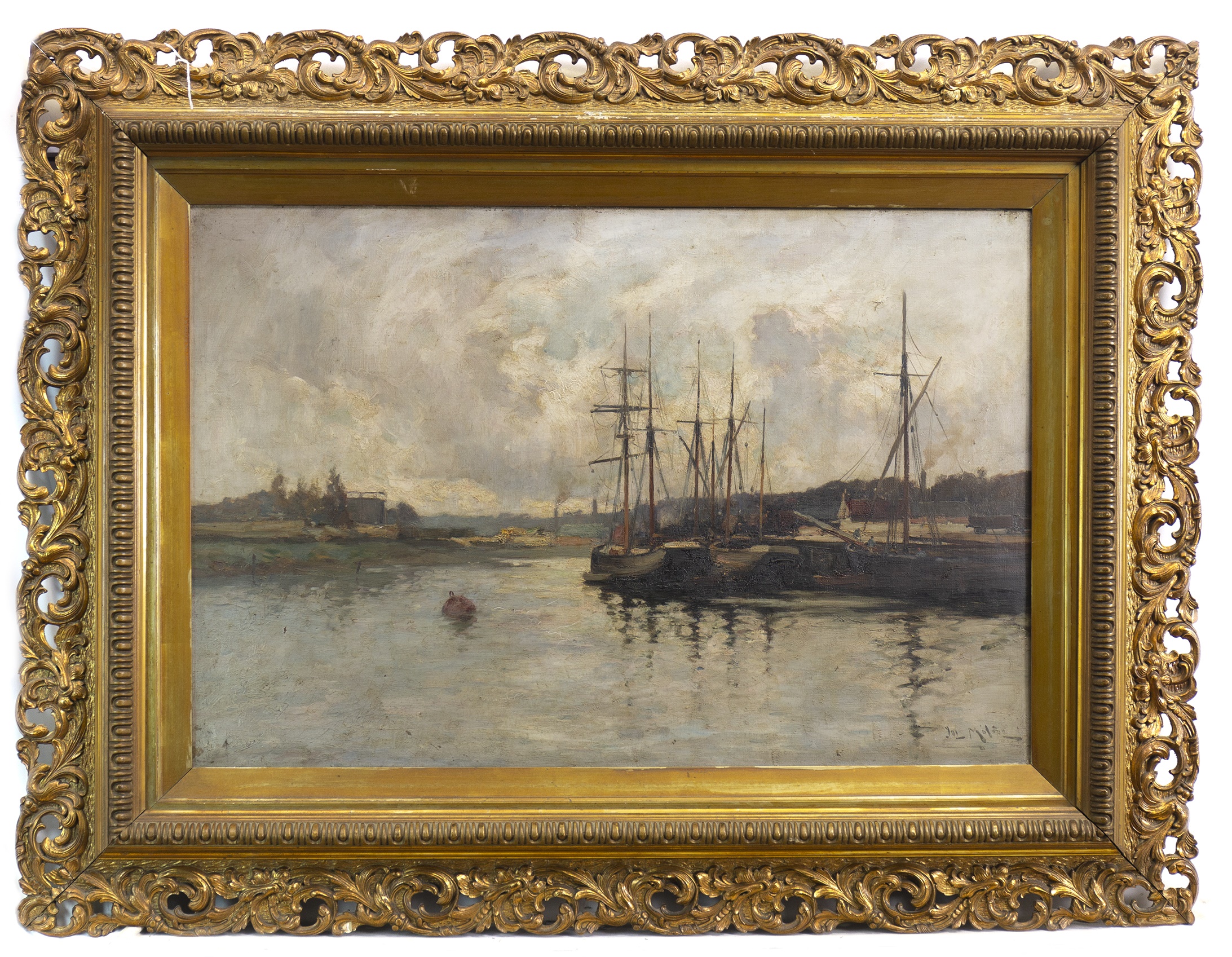 BOATS IN HARBOUR, AN OIL BY JOSEPH MILNE