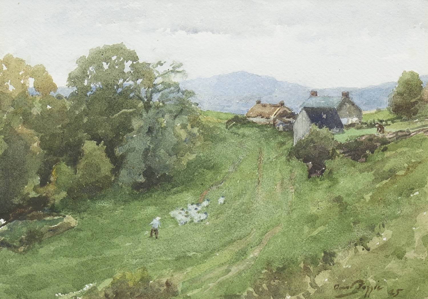 A HIGHLAND FARM, A WATERCOLOUR BY DAVID FOGGIE