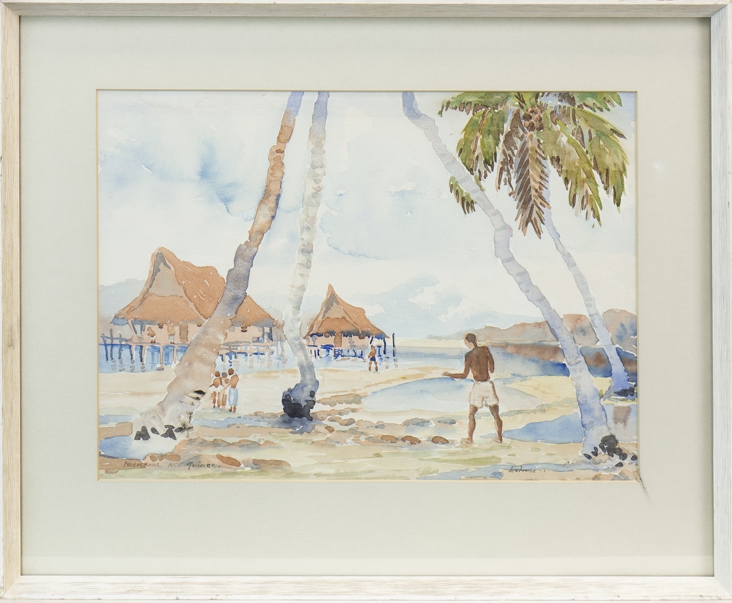 VILLAGE SCENE ON THE NEW GUINEA ISLAND OF NOEMFOOR, A WATERCOLOUR BY DIANA ESMOND - Image 2 of 2