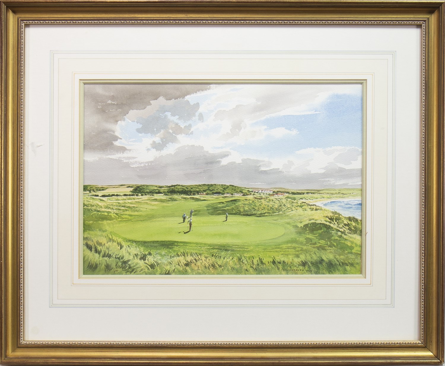 "GOATFELL", 8TH HOLE, AILSA COURSE, TURNBUERRY, A WATERCOLOUR BY KENNETH REED