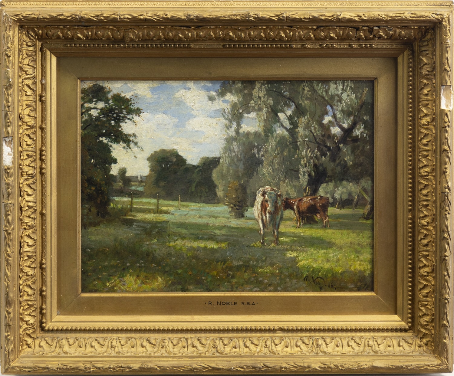 CATTLE GRAZING IN A FOREST LANDSCAPE, AN OIL BY ROBERT NOBLE